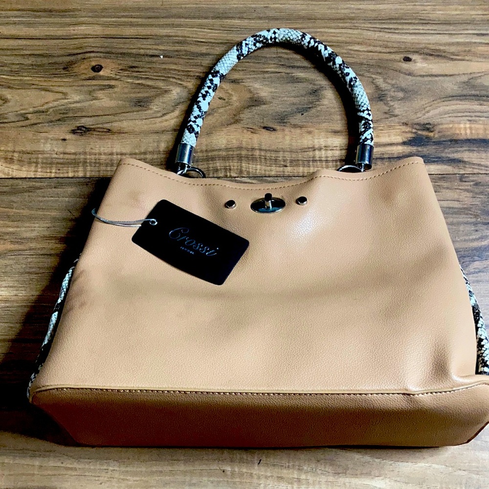Crossi New York Double Leather Purse Cream Snake Print Buckle Strap Button tote